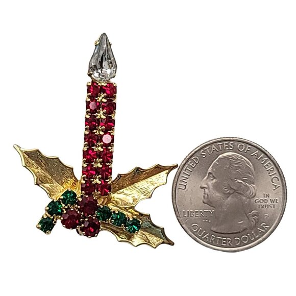 Gold-Tone Red Prong set Rhinestone Holly Berry Candle Pin Brooch - Picture 2 of 8